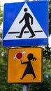 School Warning Sign with the trees background. Crosswalk sign with a girl Royalty Free Stock Photo