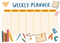 School weekly planner. Notebooks, textbooks, pens, pencils, eraser, letters and paper airplane. Cute template with cartoon school