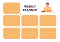 School weekly planner. Page for planning week for kids and adults with empty stickers. Cute cartoon boy reading book Royalty Free Stock Photo