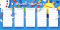 School Weekly Timetable. School Equipment on every day. Kids Schedule, Weekly Curriculum Template, School start