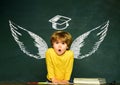 School wings and dream. Elementary school. Back to school and happy time. Blackboard background. Learning at home. Back Royalty Free Stock Photo