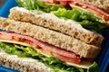 School or work, Lunch box with sandwiches with lettuce, tomatoes, cheese and salami. healthy food.