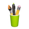 School writing accessories in cup in cartoon style.