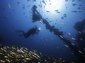 A school of Yellow or Bigeye snapper fish with the silhouette of a scuba diver