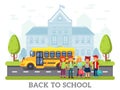 School yellow bus for children, back to school concept. Children or students with backpack near road Royalty Free Stock Photo