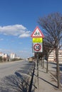 School zone and school crossing traffic sign, highway and school zone warning sign with Turkish text