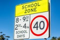 School zone road sign with speed limit 40 during before and after school hours in NSW, Australia. Road safety Royalty Free Stock Photo
