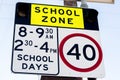 School zone road sign with speed limit 40 during before and after school hours in NSW, Australia. Road safety Royalty Free Stock Photo