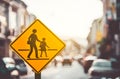 School zone warning sign on blur traffic road with colorful bokeh light abstract background Royalty Free Stock Photo