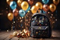 Schoolbag and colorful balloons on wooden background. Back to school concept Royalty Free Stock Photo