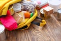 Schoolbag with different products on table. Concept of Backpack Food Program Royalty Free Stock Photo