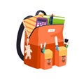Schoolbag packed with stationery. Open school bag with books, copybooks and pens in pockets. Kids backpack with Royalty Free Stock Photo