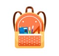 Schoolbag with school stationery. Bag with front pocket packed with pens, pencils and rulers. Girls backpack. Closed
