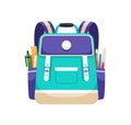 Schoolbag with stationery. School bag with side pockets packed with pens and pencils. Childs backpack. Front view of