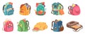 Schoolbags. Full kids students rucksack colorful bags with various education stuff exact vector illustration set