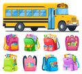 School Bus and Schoolbags with Stationery or Books Royalty Free Stock Photo