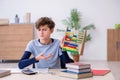 Schoolboy with abacus studying math at home