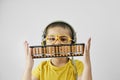 Schoolboy with abacus. Young kid training mental arithmetic