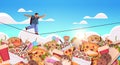 schoolboy balancing on rope above junk food assortment of fast food unhealthy nutrition junkfood addiction concept Royalty Free Stock Photo