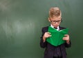 Schoolboy with book near empty green chalkboard Royalty Free Stock Photo