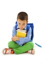 Schoolboy bored, frustrated and overwhelmed by studying homework Royalty Free Stock Photo