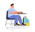 schoolboy character with backpack sitting at desk back to school primary education concept