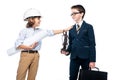 schoolboy in costume of architect touching lawyer