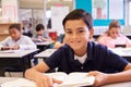 Schoolboy at desk in an elementary school looking to camera