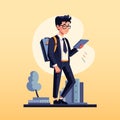 Schoolboy with a digital tablet and a satchel goes to school. Cartoon flat vector illustration