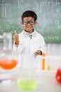 Schoolboy doing a chemical experiment in laboratory Royalty Free Stock Photo