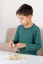 The boy with enthusiasm collects a skeleton of a dinosaur Royalty Free Stock Photo