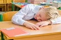 A schoolboy fell a sleep on a lesson.