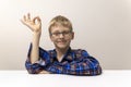 schoolboy with glasses raises his hand. boy in plaid shirt knows answer. Elementary school. Study online from home