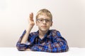 schoolboy with glasses raises his hand. boy in plaid shirt knows answer. Elementary school. Study online from home