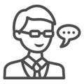 Schoolboy in glasses, student, speech balloon line icon, education concept, pupil vector sign on white background