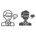 Schoolboy in glasses, student, speech balloon line and solid icon, education concept, pupil vector sign on white