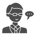 Schoolboy in glasses, student, speech balloon solid icon, education concept, pupil vector sign on white background