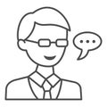 Schoolboy in glasses, student, speech balloon thin line icon, education concept, pupil vector sign on white background