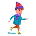 Schoolboy Kid Skating Sport On Ice Rink Vector