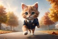 a schoolboy kitten with a backpack and textbooks runs along the way to school, back to school Royalty Free Stock Photo