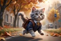 a schoolboy kitten with a backpack and textbooks runs along the way to school, back to school Royalty Free Stock Photo
