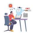 Schoolboy with laptop studying with chat bot, website with ai robotic assistance, vector digital education online lesson Royalty Free Stock Photo