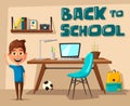 Schoolboy learns lessons at home. Cartoon vector illustration