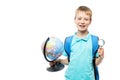 Schoolboy with magnifier and globe in hands posing on white Royalty Free Stock Photo