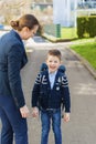 Schoolboy mith mum Royalty Free Stock Photo