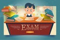 Schoolboy pass exam cartoon banner, Boy solve test