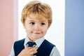 Schoolboy portrait. Junior School. Primary School. Handsome boy in business uniform with a tie.