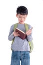 Schoolboy reading book over white background Royalty Free Stock Photo