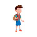 schoolboy with rucksack waiting school bus on bus stop cartoon vector Royalty Free Stock Photo