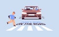 schoolboy running on crosswalk and driver stops car immediately don't run on road concept
